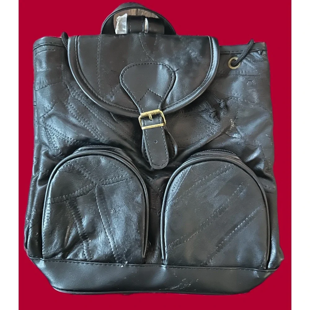 Maxam‎ Brand Black Lambskin Leather Mosaic Patchwork Small Backpack LUPURSE3 NWT